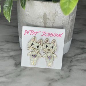 Betsey Johnson Kitty Earrings, Cream with Pink and Lavender Rhinestones, Kawaii
